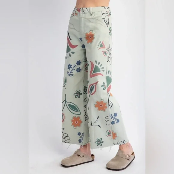 Easel Bold, Floral Rock Wide Leg Jeans - Cream, Green, Orange NWT Size Large - Picture 1 of 10